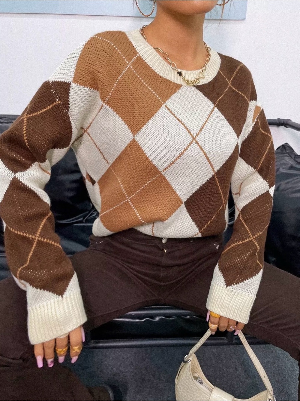 Argyle Knit Sweater in Brown & Cream Size L